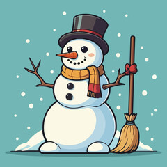 Snowman with hat, scarf, broom, cartoon character. Merry Christmas and happy new year	