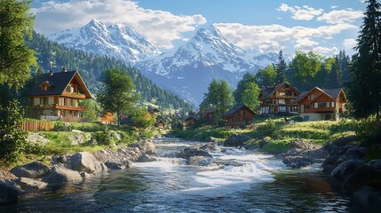 Fototapeta premium Swiss landscape with river, stream, and houses 16k resolution.