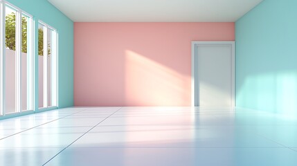 Fototapeta premium Digital artwork in modern minimalist room design aesthetically calm wide-angle space