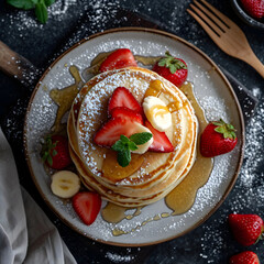 Pancakes with strawberries, bananas, and syrup on plate