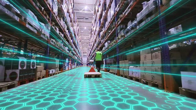 The concept of a smart multi-level warehouse. Artificial intelligence manages a large warehouse.  A storekeeper is carrying cardboard boxes. Warehouse Order Picking