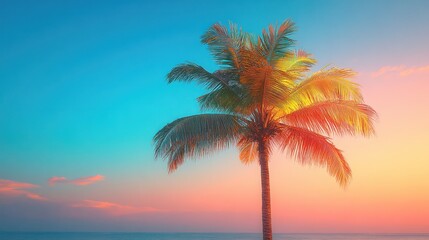 Obraz premium Vibrant sunset over a single palm tree on a tropical beach.