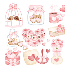 Watercolor Illustration Set of Valentine Clipart