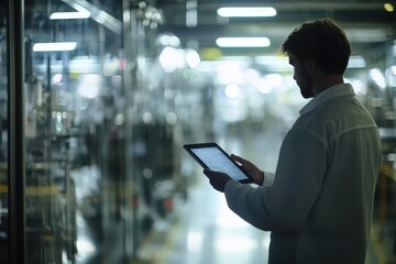 Man in modern factory holding tablet, overseeing advanced automation and high-tech manufacturing operations