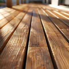 Wet wooden deck boards in sunlight