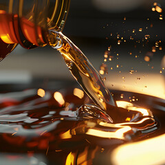 Golden liquid pouring into glass with dramatic lighting