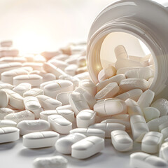 White pills spilling from a medicine bottle on a bright surface