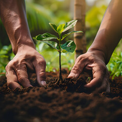 Hands planting a young tree sapling in soil