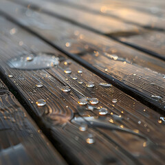 Water droplets on wooden surface in soft light