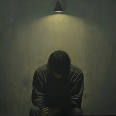 Man sitting under spotlight in a dark room