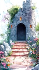 Fototapeta premium A stone tower with an arched doorway and a path leading up to it. The tower is surrounded by lush greenery, with flowers blooming on the path. The sky is a clear blue with clouds.