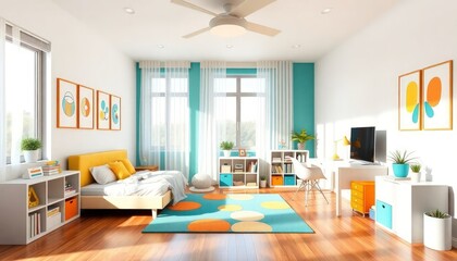 Fototapeta premium Modern Style - Children's Room Interior Design With Modern Concept - Hotel Room - Apartment Children's Room Interior With Shower - Interior Design 