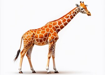 Fototapeta premium This clipart features a tall, animated giraffe with a brilliant orange coat and distinctive spots, perfectly highlighted against a white background in macro photography.