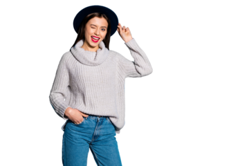 Photo of pretty lady winking eye going to party wear vintage hat knitted pullover isolated blue background