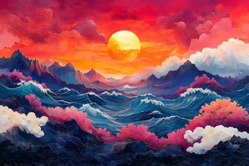 Fototapete A colorful, whimsical mountain range with a pink sky and sun in the background, adorned by coral reefs, vibrant waves of rainbow colors flowing across the landscape © Thali