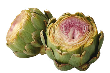 Two whole and half artichoke on a white background