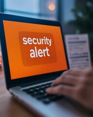 A person typing on a laptop displays a bright orange screen with the words "security alert," indicating a potential cybersecurity issue.