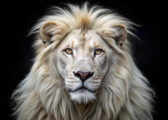 This enchanting portrait captures a white lion's regal essence against a black background, highlighting its stunning beauty and remarkable traits, epitomizing wildlife photography's magic.