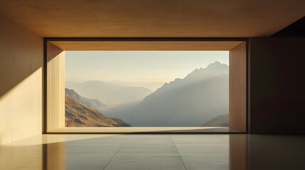 Minimalist interior design of a modern house with a large window offering a view of the mountain