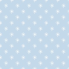Christmas seamless background with white snowflakes. Hand drawn illustration in sketch style. Template for wrapping paper and textile.