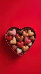 A heart-shaped box of sweets rests on a vibrant red background, birthday, occasion