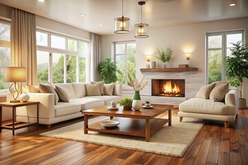 This modern living room boasts a cozy fireplace, elegant white sofas, and a tilt-shift effect, all beautifully framed on a bright white backdrop.