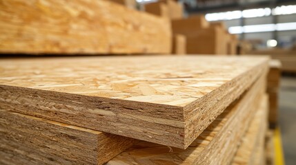 Close-up of OSB wood sheets, showing layered structure. Ideal for construction, DIY, and woodworking projects.