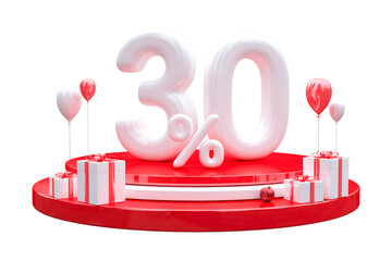Christmas sale 30 percent stand on podium with gift box and floating balloon