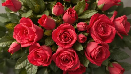 Obraz premium A vibrant bouquet of fresh, red roses, lush green leaves, photography, elegance