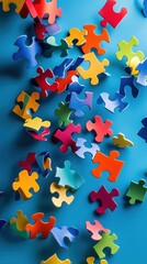 Vibrant colorful puzzle ribbon design for Autism Awareness Day. Abstract marketing background featuring vivid jigsaw pieces symbolizing diversity and inclusion. Ideal for awareness campaigns, educatio