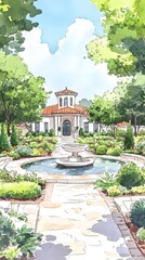 Obraz premium A watercolor illustration of a beautiful, peaceful garden with a fountain and a grand building in the background.
