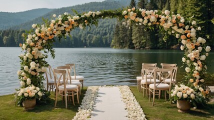 Lakefront Wedding Ceremony: A picturesque lakeside setting, adorned with a breathtaking floral arch and a white aisle, awaits the happy couple.