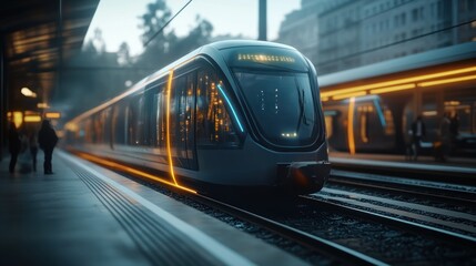 Fototapeta premium Futuristic train on tracks with glowing digital icons for live streaming and social media services, symbolizing smart cities and AI driven transportation technology