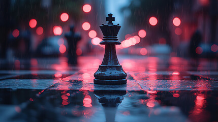 Chess king piece reflection with red and blue lights