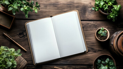 top down view of a blank notebook page with plants around on a wooden table, indoor