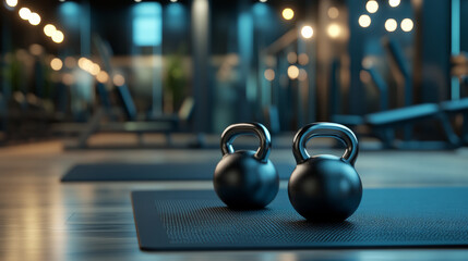 pair of sleek kettlebells resting on textured mat in modern gym with dimly lit, premium ambiance, surrounded by fitness equipment and reflective surfaces