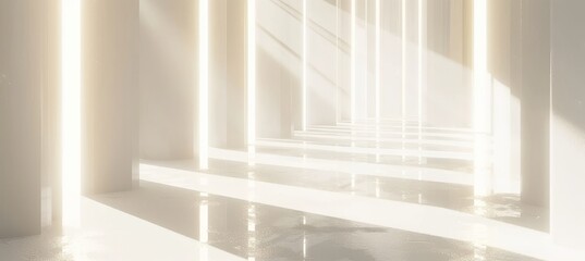 Obraz premium Abstract White Vertical Glass Striped Wall Background with Reflection Interior Room. A white Empty room Surreal Minimalistic style morning light copy space, Abstract col our background with lines