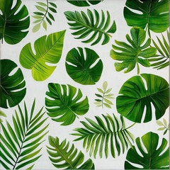Fototapeta premium Layered tropical green leaves scattered over a white canvas