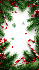 Christmas border with fir branches, candy canes, berries, and pine cones on white background.