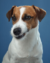 A close-up of a Jack Russell Terrier with an intense gaze on a blue background. The dog's focused expression gives it a sense of alertness and intelligence.