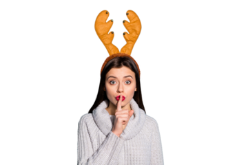Photo of pretty lady with toy horns on her head ask stop talking wear knitted pullover isolated blue background