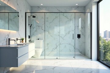 Large format glass enclosure in a modern bathroom with white marble countertops, water droplets, steam, enclosure