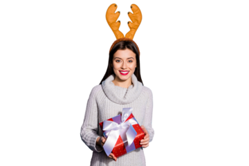 Photo of pretty lady with toy horns on her head holding red giftbox wear knitted pullover isolated blue background