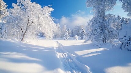 Obraz premium Joyful Winter Wonderland with Snow-Covered Trees and Blue Sky