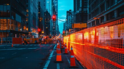 Obraz premium City street construction, illuminated night scene.