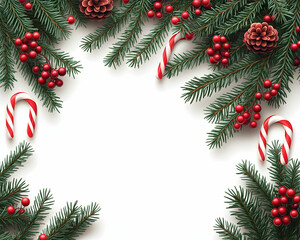 Christmas frame with fir branches, berries, pinecones, and candy canes on white background.