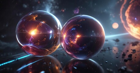 Vibrant spherical entities suspended in space, geometric shapes, vibrant colors, weightless visuals
