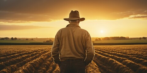 Farmer observes sunset over cultivated fields in rural landscape