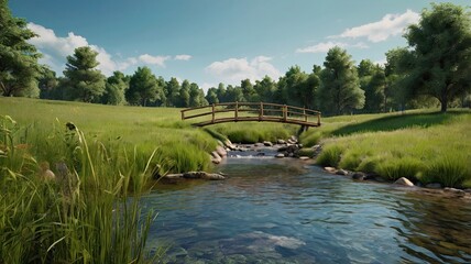 Obraz premium Tranquil Streamside Bridge: A rustic wooden bridge gracefully spans a crystal-clear stream meandering through a lush meadow, sunlight filtering through the vibrant foliage.