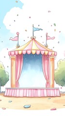Obraz premium A whimsical, pastel-colored circus tent with a stage and confetti falling from the sky.